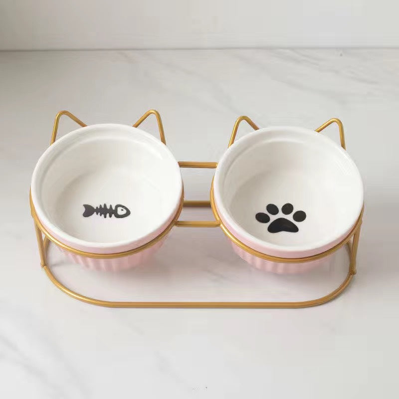 Ceramic Double Bowl Elevated Pet Feeding Set With Tilt Design