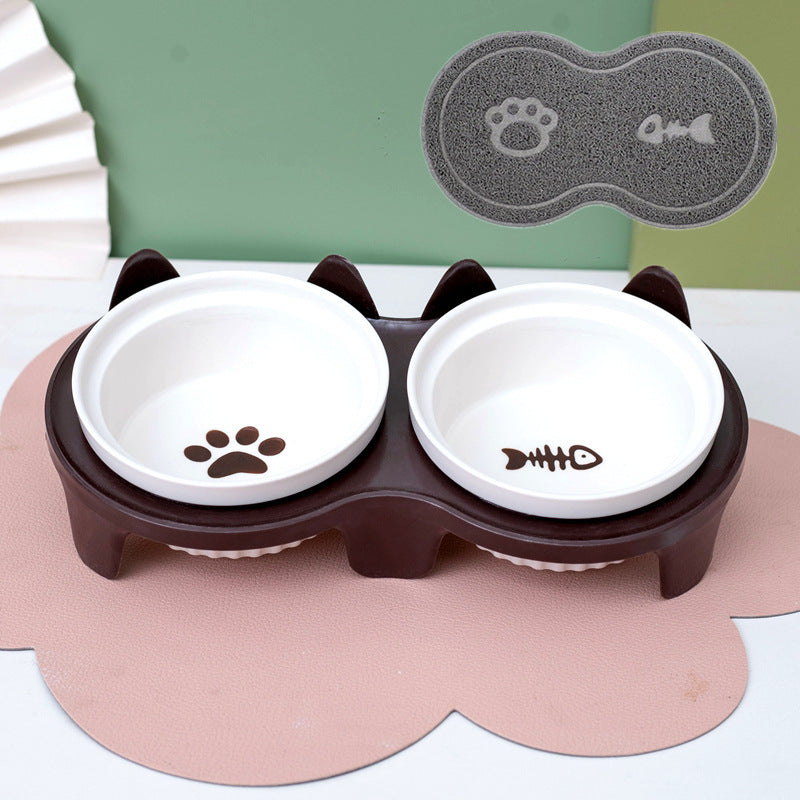 Ceramic Double Bowl Elevated Pet Feeding Set With Tilt Design