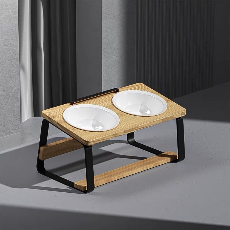 Ceramic Double Bowl Elevated Pet Feeding And Water Holder