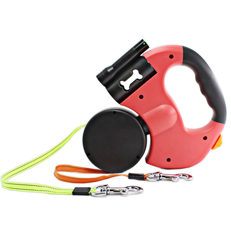 Dual Head Retractable Pet Leash With Flashlight And Waste Bag Dispenser