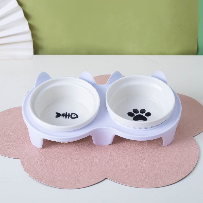 Ceramic Double Bowl Elevated Pet Feeding Set With Tilt Design