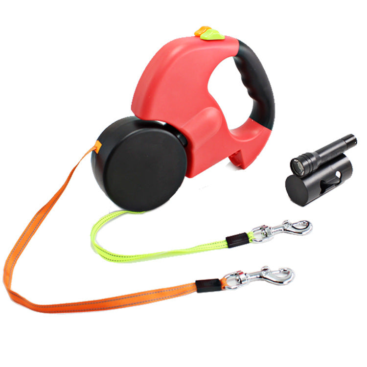 Dual Head Retractable Pet Leash With Flashlight And Waste Bag Dispenser