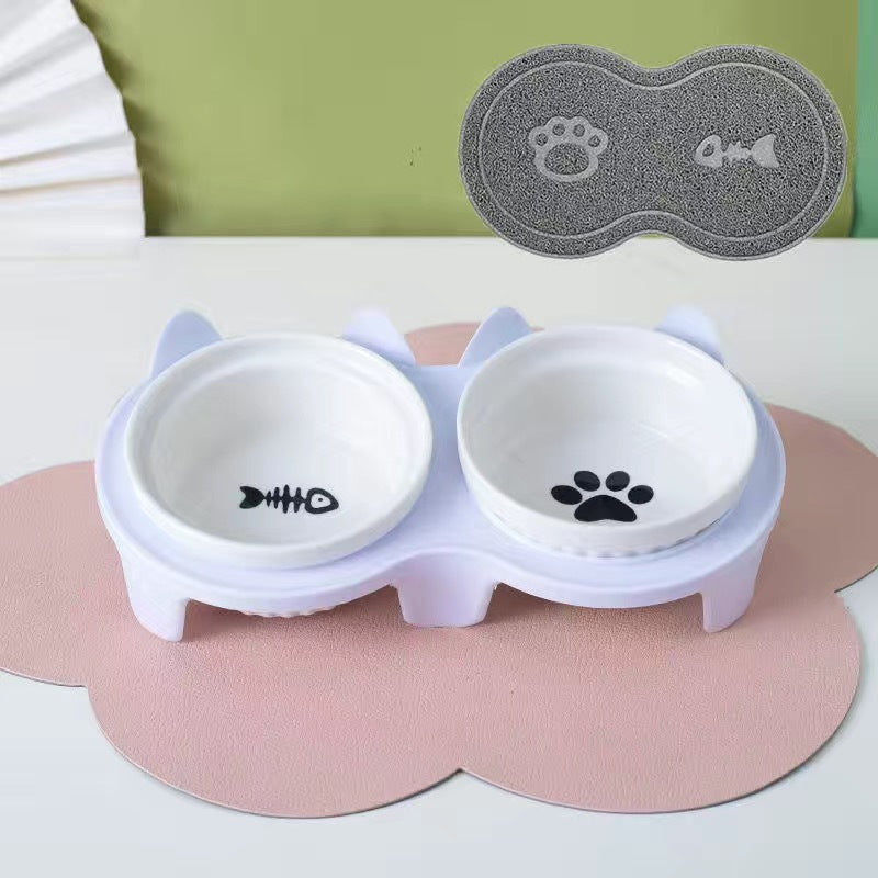 Ceramic Double Bowl Elevated Pet Feeding Set With Tilt Design