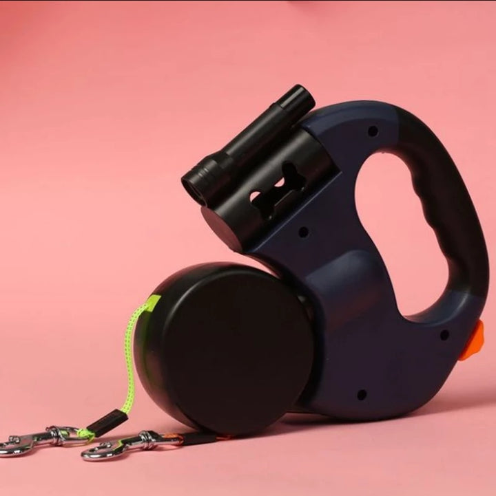 Dual Head Retractable Pet Leash With Flashlight And Waste Bag Dispenser