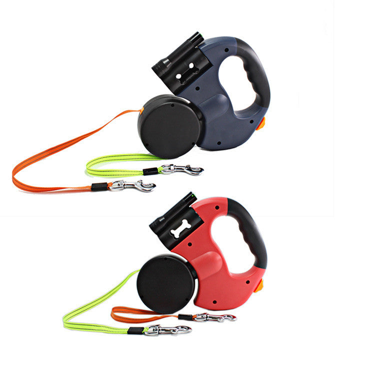 Dual Head Retractable Pet Leash With Flashlight And Waste Bag Dispenser