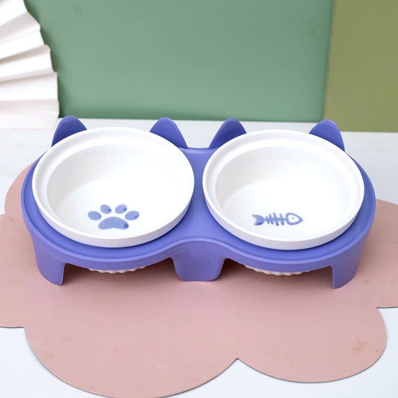 Ceramic Double Bowl Elevated Pet Feeding Set With Tilt Design