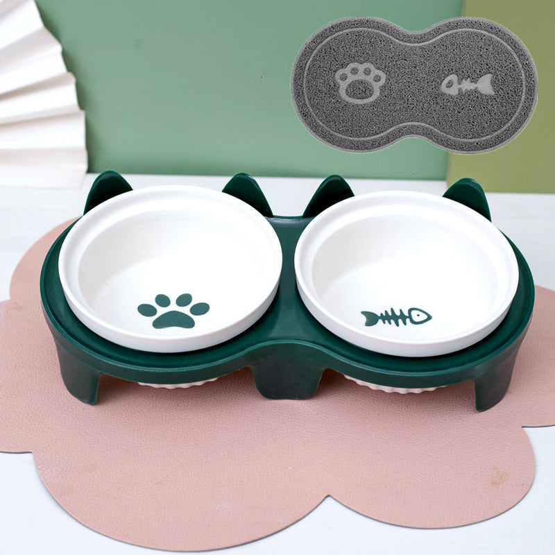 Ceramic Double Bowl Elevated Pet Feeding Set With Tilt Design