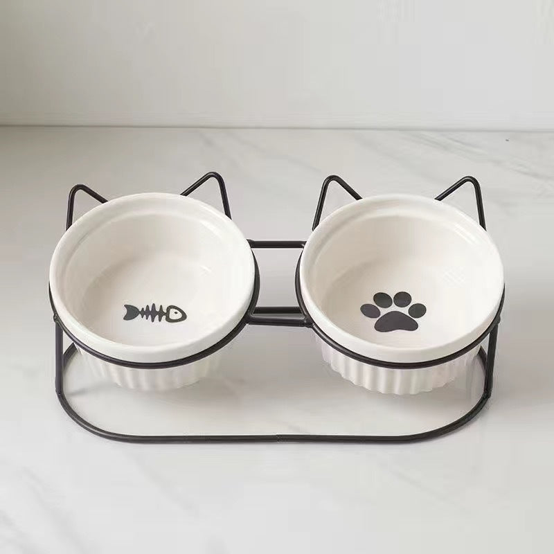 Ceramic Double Bowl Elevated Pet Feeding Set With Tilt Design