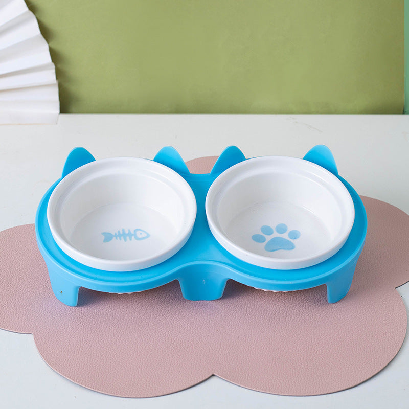 Ceramic Double Bowl Elevated Pet Feeding Set With Tilt Design