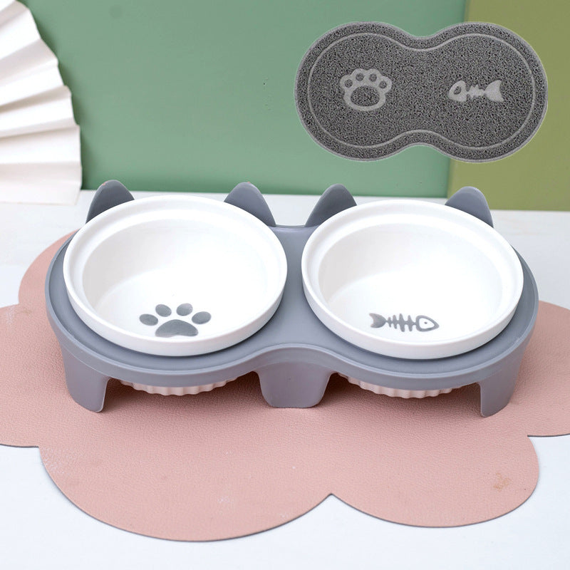 Ceramic Double Bowl Elevated Pet Feeding Set With Tilt Design