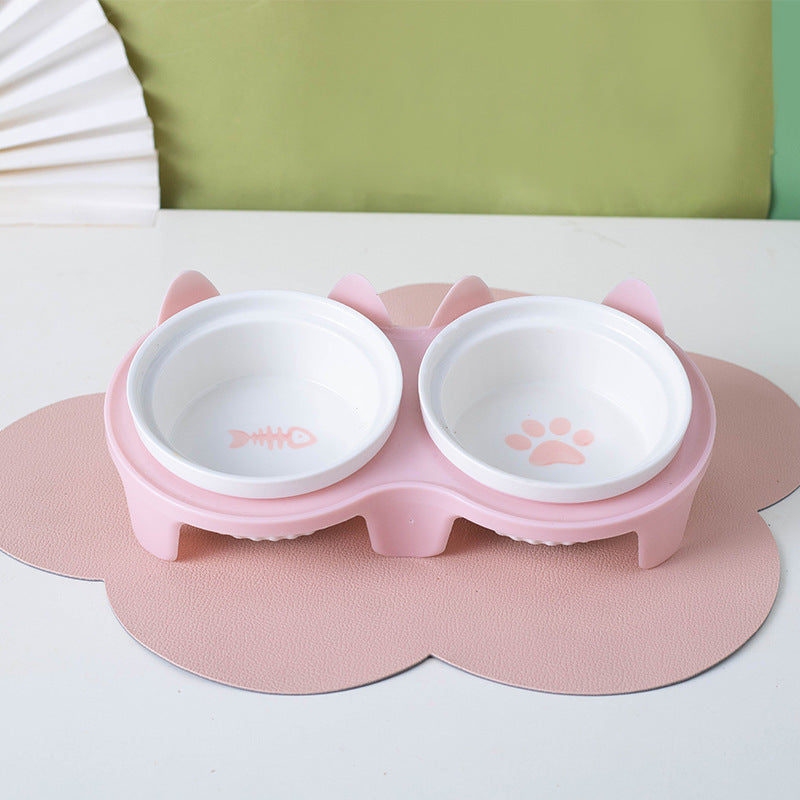 Ceramic Double Bowl Elevated Pet Feeding Set With Tilt Design