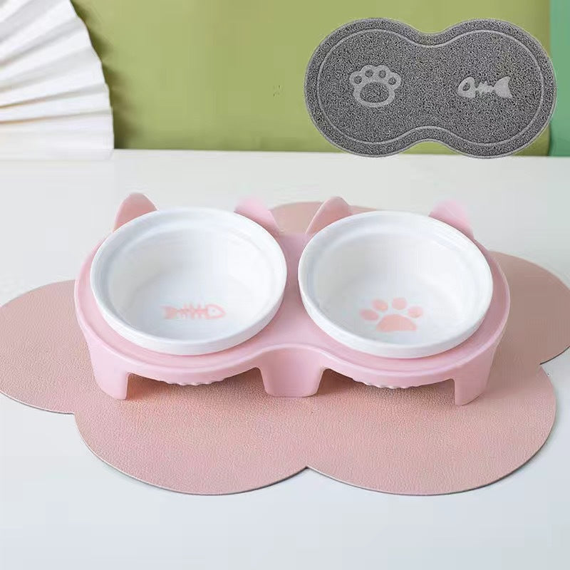Ceramic Double Bowl Elevated Pet Feeding Set With Tilt Design