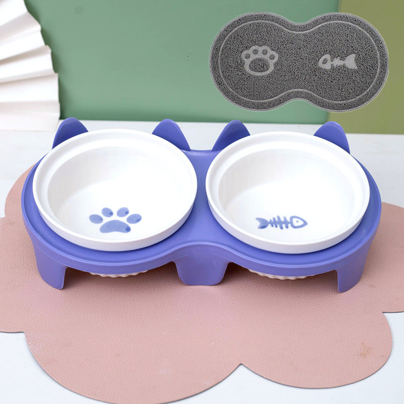 Ceramic Double Bowl Elevated Pet Feeding Set With Tilt Design
