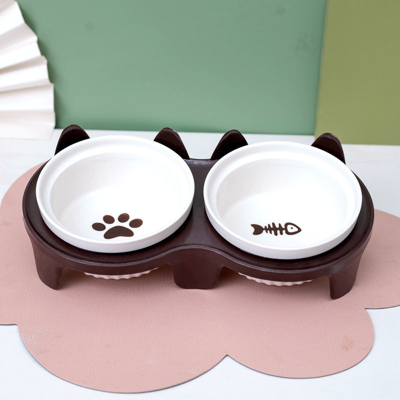 Ceramic Double Bowl Elevated Pet Feeding Set With Tilt Design