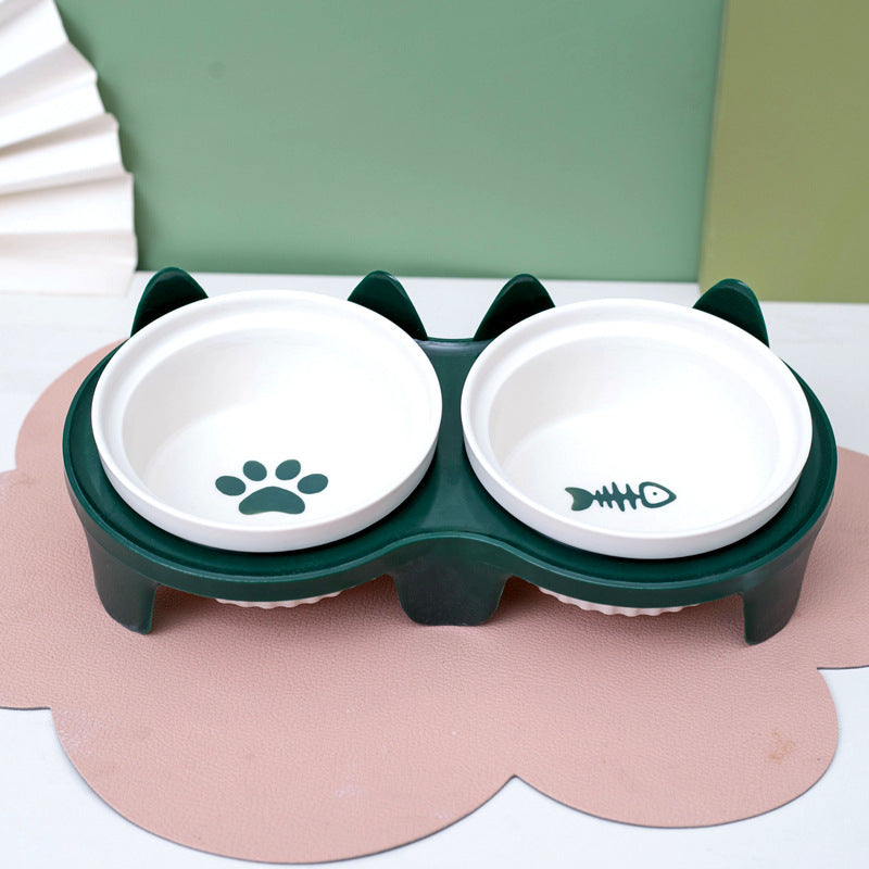 Ceramic Double Bowl Elevated Pet Feeding Set With Tilt Design