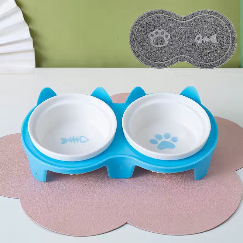 Ceramic Double Bowl Elevated Pet Feeding Set With Tilt Design