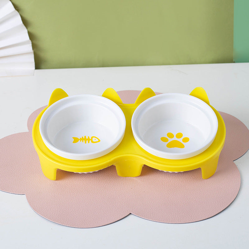 Ceramic Double Bowl Elevated Pet Feeding Set With Tilt Design