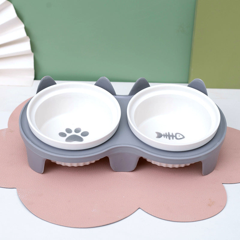 Ceramic Double Bowl Elevated Pet Feeding Set With Tilt Design