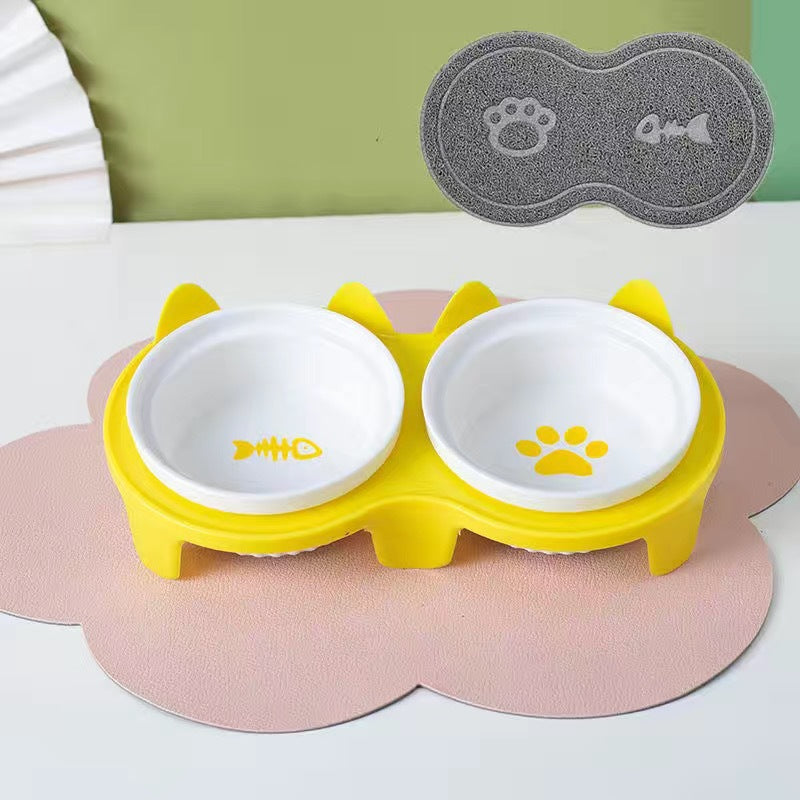 Ceramic Double Bowl Elevated Pet Feeding Set With Tilt Design
